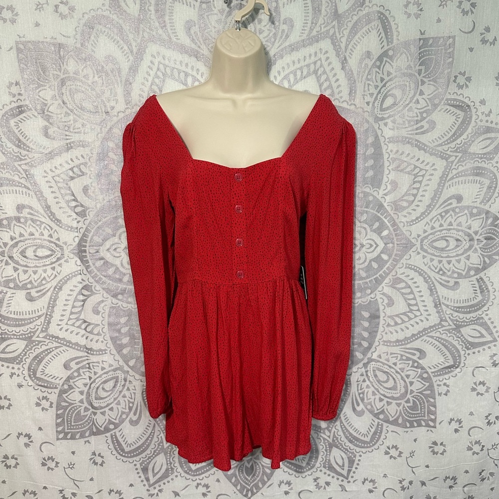 Nwt $69 Express Red Black Dot Long Sleeve Flowy Romper with Shorts Buttons S